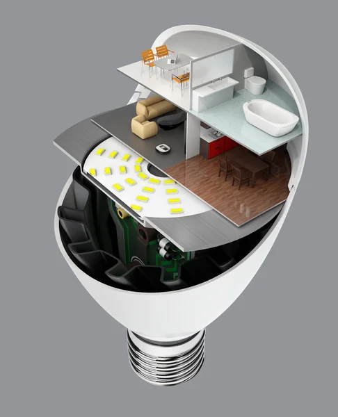 Electrodomésticos y muebles en una bombilla led. Concepto de vida ecológica — Foto de Stock