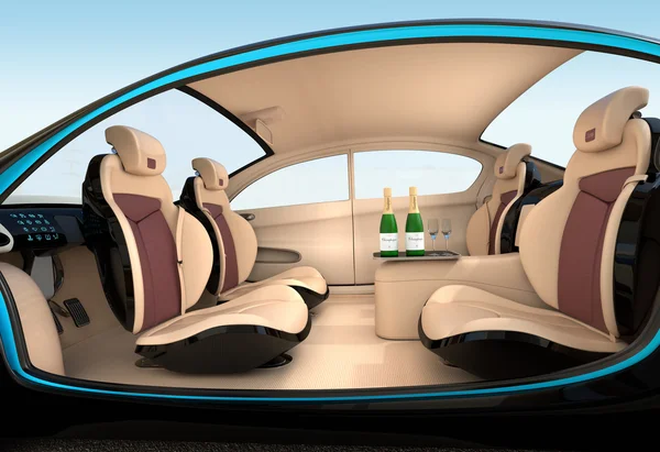 Concepto interior de coche autónomo. El interior de lujo sirve servicio de bebida fresca — Foto de Stock