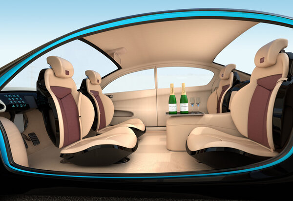 Autonomous car interior concept. Luxury interior serve cool drink service