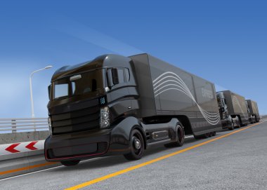 Fleet of autonomous hybrid trucks driving on highway clipart