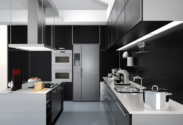 Сучасний інтер'єр кухні з розумною технікою в координації чорного кольору — стокове фото