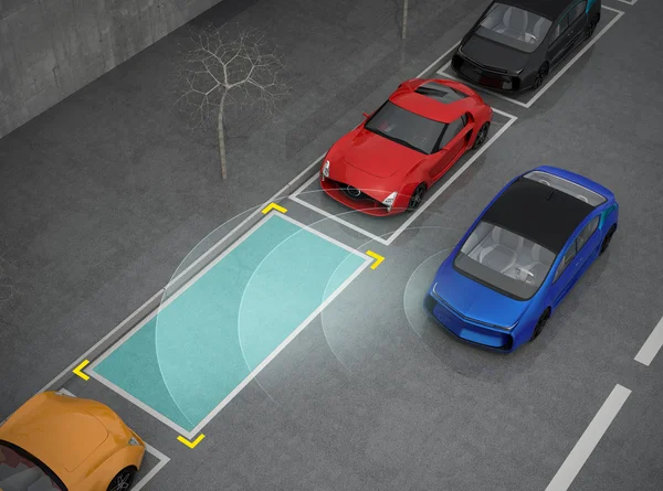 Auto elettrica blu guida nel parcheggio con sistema di assistenza al parcheggio — Foto Stock