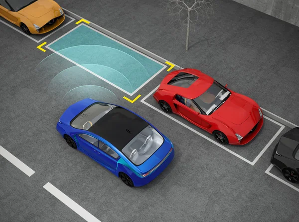 Niebieski samochód elektryczny jazda na parkingu z system wspomagania parkowania — Zdjęcie stockowe