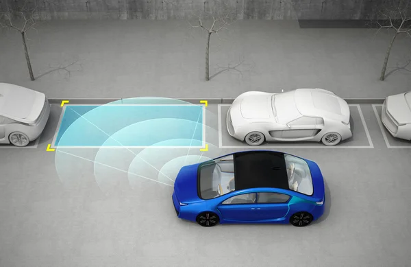 Modré elektrické auto na parkoviště s parkovací asistent systém — Stock fotografie