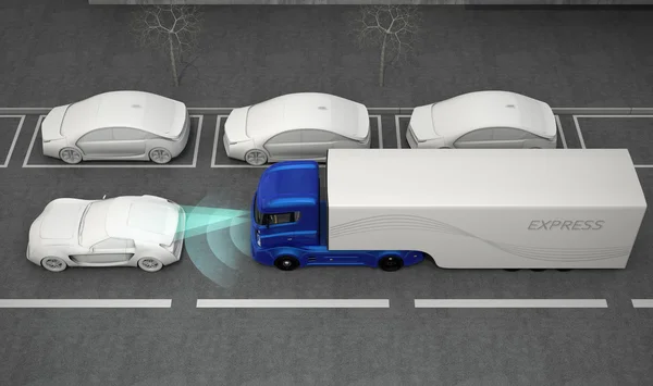 Blå lastbilen stoppas av automatiska bromssystem — Stockfoto