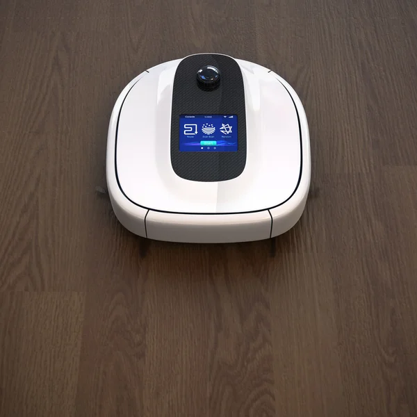 White robotic vacuum cleaner with touch screen on dark brown flooring — Stock Photo, Image