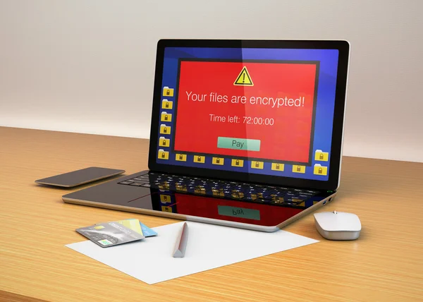 Screen of laptop computer showing alert that the computer was attacked by ransomware — Stock Photo, Image