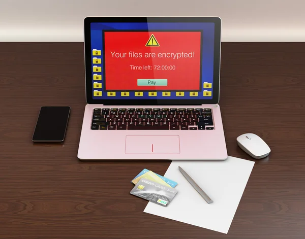 Screen of laptop computer showing alert that the computer was attacked by ransomware — Stock Photo, Image