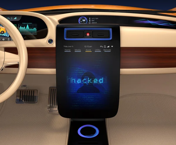 Vehicle console monitor showing screen shot of computer system was hacked. — Stock Photo, Image