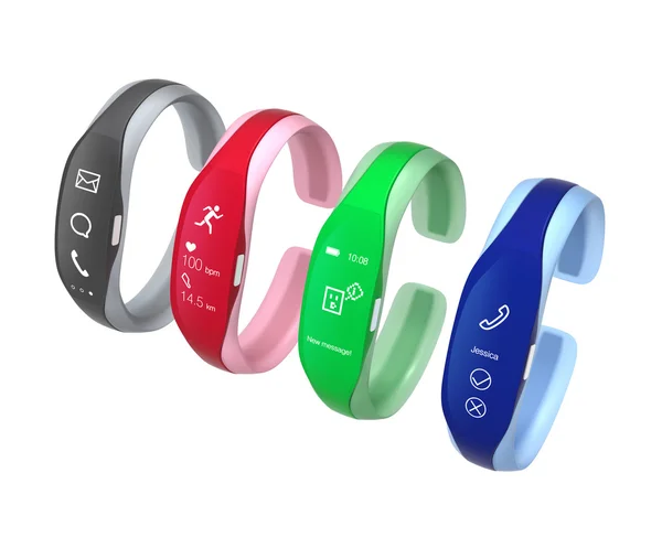 Faixas inteligentes coloridas com pulseira de borracha isolada no fundo branco — Fotografia de Stock