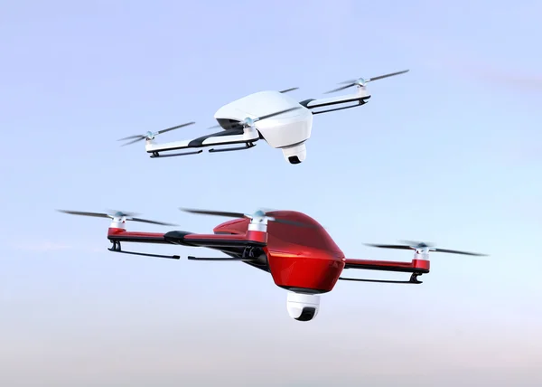 Security drones with camera flying in the sky. 3D rendering image. — Stock Photo, Image