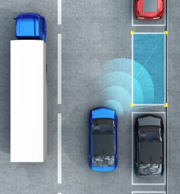 Otopark park yardım sistemi ile içine araba mavi elektrikli araba