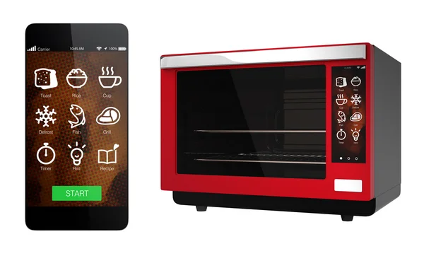 Κόκκινο ηλεκτρικό φούρνο και έξυπνο τηλέφωνο που απομονώνονται σε λευκό φόντο. Χρησιμοποιώντας έξυπνο τηλέφωνο app θα μπορούσε να συνδέσει στο φούρνο — Φωτογραφία Αρχείου