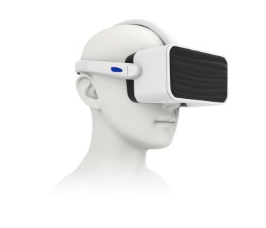 Beyaz arka plan üzerinde izole Vr kulaklık giyen cg modeli.