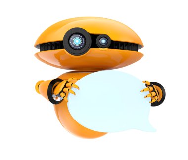 Turuncu robot beyaz arka plan üzerinde izole boş sohbet kabarcık holding