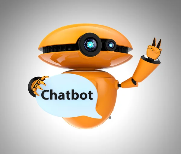 Orange robot holding chat bubble with "Chatbot" text — Stock Photo, Image