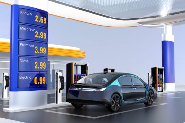 Elektrikli araç şarj istasyonu şarj. İstasyon de kaynağı benzinli ve dizel