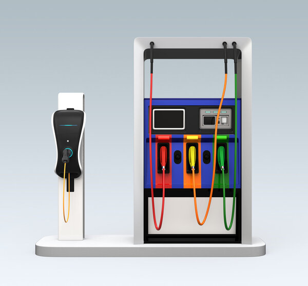 EV зарядная станция и заправка изолированы на сером фоне
