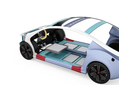 Beyaz arka plan üzerinde izole elektrikli araç vücut çerçeve ve pil paketi