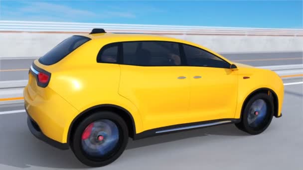 SUV elétrico amarelo dirigindo na ponte de arco — Vídeo de Stock