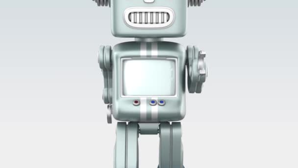 Винтажный робот приближается к слову "Поддержка". Концепция технической поддержки — стоковое видео