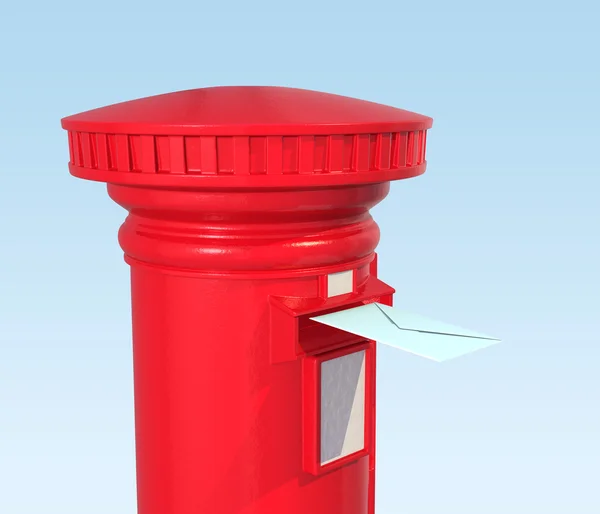 青色の背景に分離された赤いイギリス郵便ポスト — ストック写真