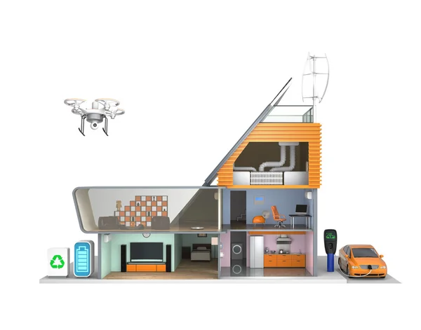 Casa inteligente con electrodomésticos de bajo consumo, paneles solares y turbinas eólicas — Foto de Stock