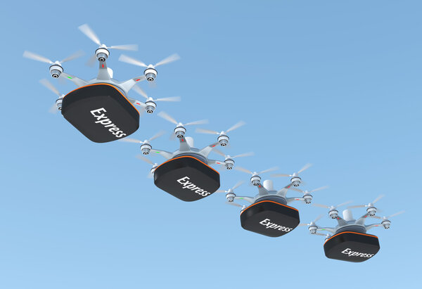 Row of drones carrying containers  for fast delivery concept