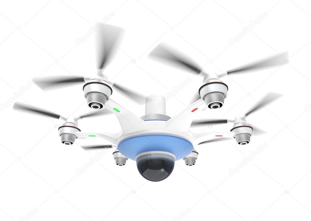 Drone with camera isolated on white background. Security system concept