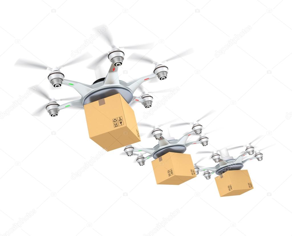 Row of drones delivery cardboard packages for delivery concept