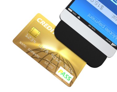 Credit card swiping through a mobile payment attachment for smartphone clipart