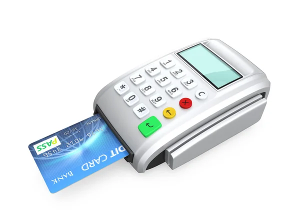 Credit card inserted into a silver card-reader, isolated on white background — Stock Photo, Image