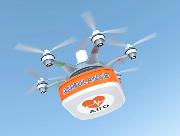 Drohne trägt aed kit für notfallmedizinisches Versorgungskonzept — Stockfoto