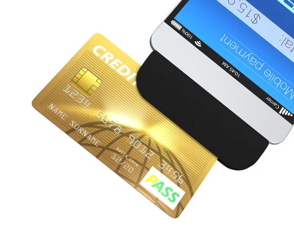 Tarjeta de crédito que pasa a través de un archivo adjunto de pago móvil para smartphone — Foto de Stock