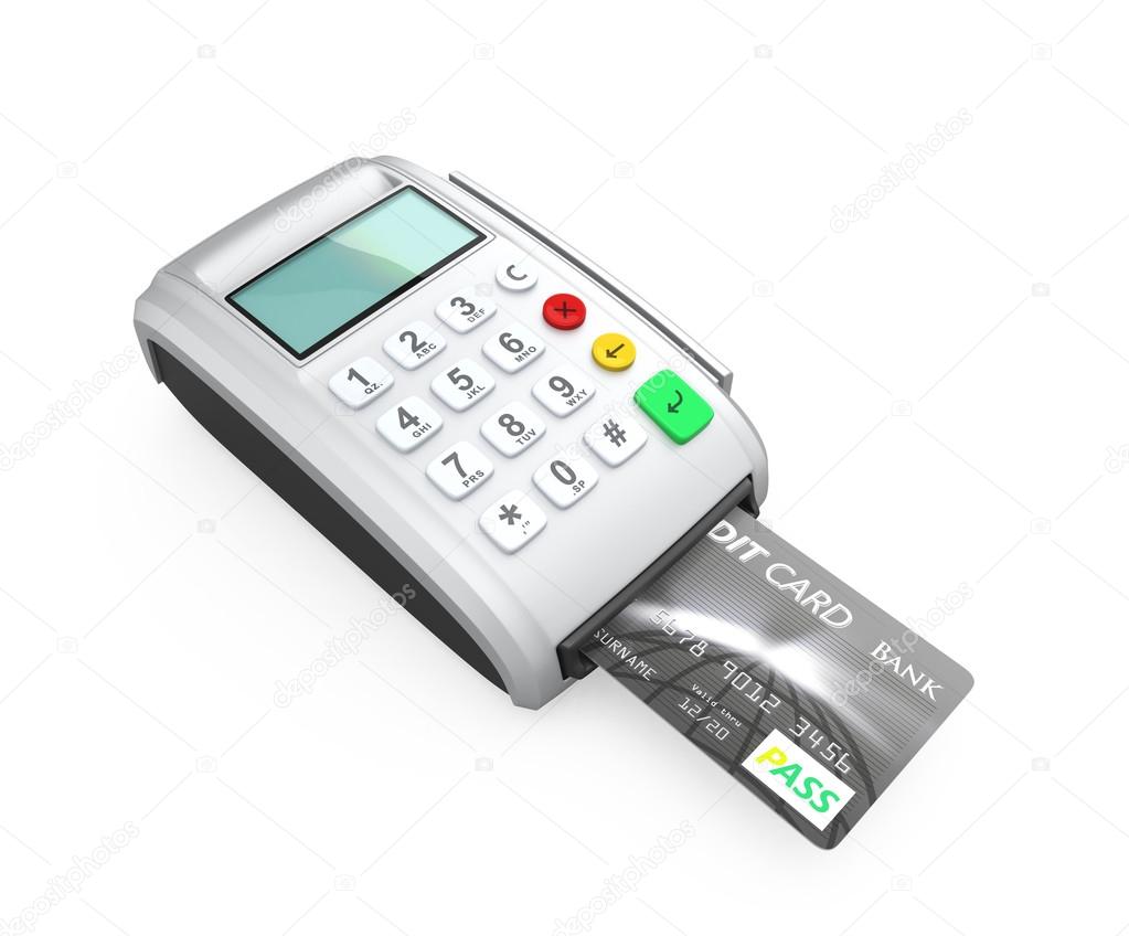Credit card and silver card-reader isolated on white background