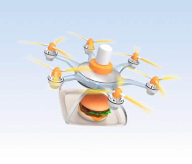 Drone carrying hamburger for fast food delivery concept clipart