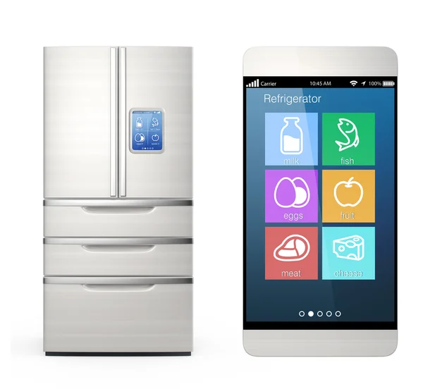 Slimme koelkast toezicht door slimme telefoon concept — Stockfoto