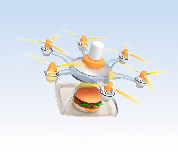 Drone carrying hamburger for fast food delivery concept