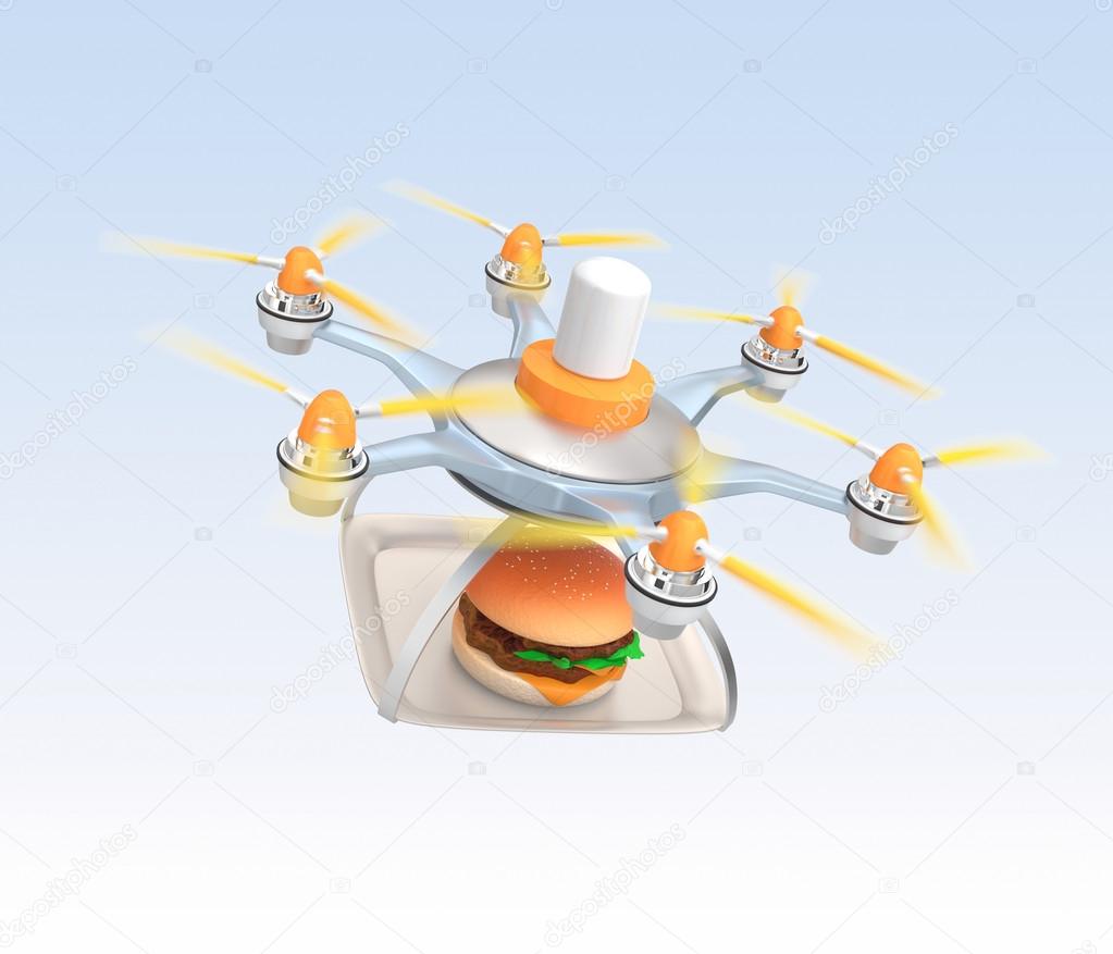 Drone carrying hamburger for fast food delivery concept