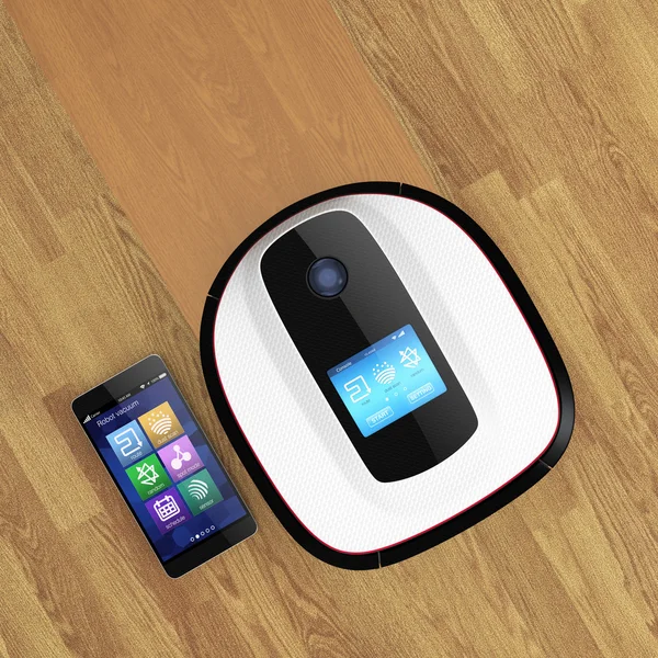 Robot vacuum cleaner and smart phone. IoT( Internet of things) concept — Stock Photo, Image