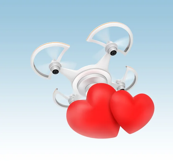 Quadcopter lleva marca de corazón para el concepto de entrega de mensajes de amor rápido — Foto de Stock