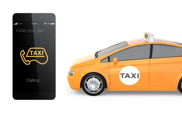 Yellow taxi and smart phone for mobile taxi order service concept — Stock Photo, Image