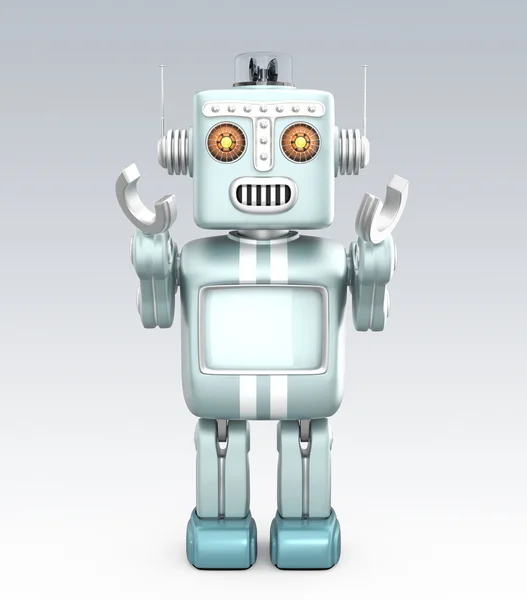 Cute vintage robot raising his hands and look forward on gray background — Stock Photo, Image