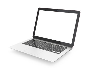 Boş kopya alanı ile gümüş ultra ince laptop. Kırpma yolu kullanılabilir.