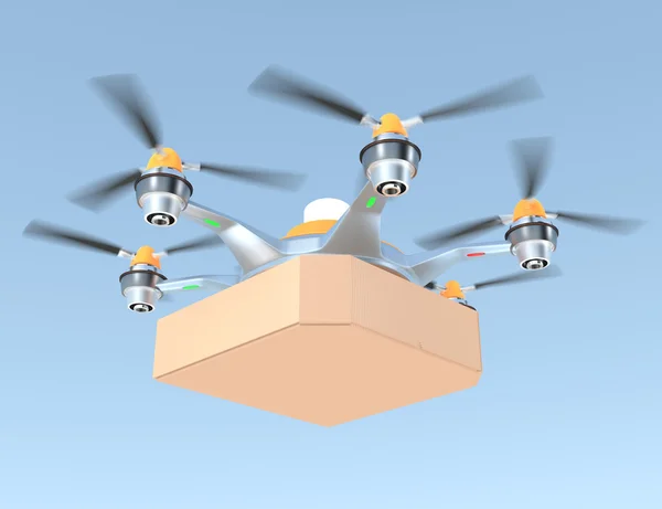 Drone aria che trasporta scatola singola pizza con spazio copia — Foto Stock