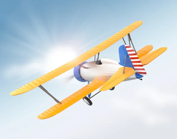 Žluté a modré letoun létá v nebi — Stock fotografie