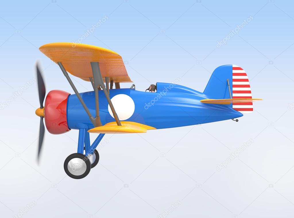 Yellow and blue biplane flying in the sky