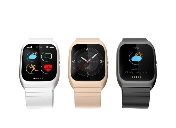 Stijlvolle smart horloges met verschillende apps op witte achtergrond — Stockfoto