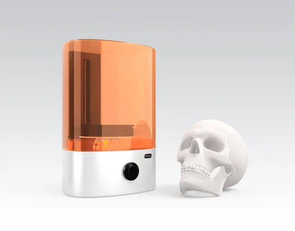 SLA  3D printer and plastic skull model isolated on gray background. Clipping path available. — Stock Photo, Image