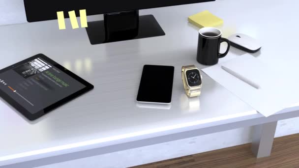 Smart watch synchroniseren fitness app met slimme telefoon op tafel. — Stockvideo